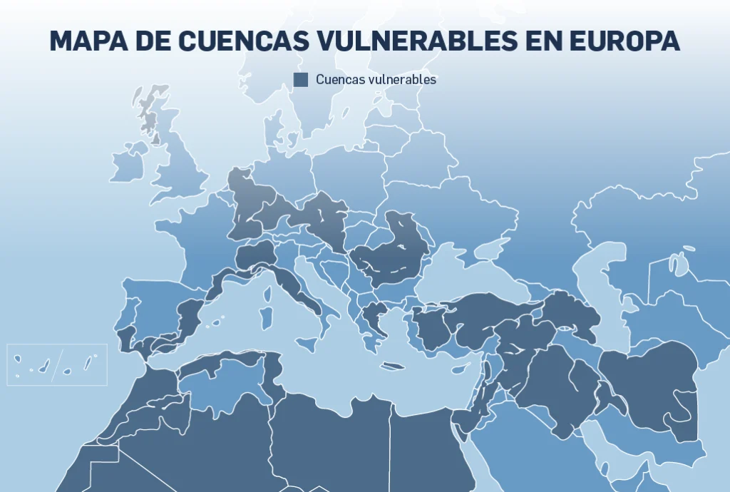 Mapa de cuencas vulnerables Europa. Resiliencia hídrica